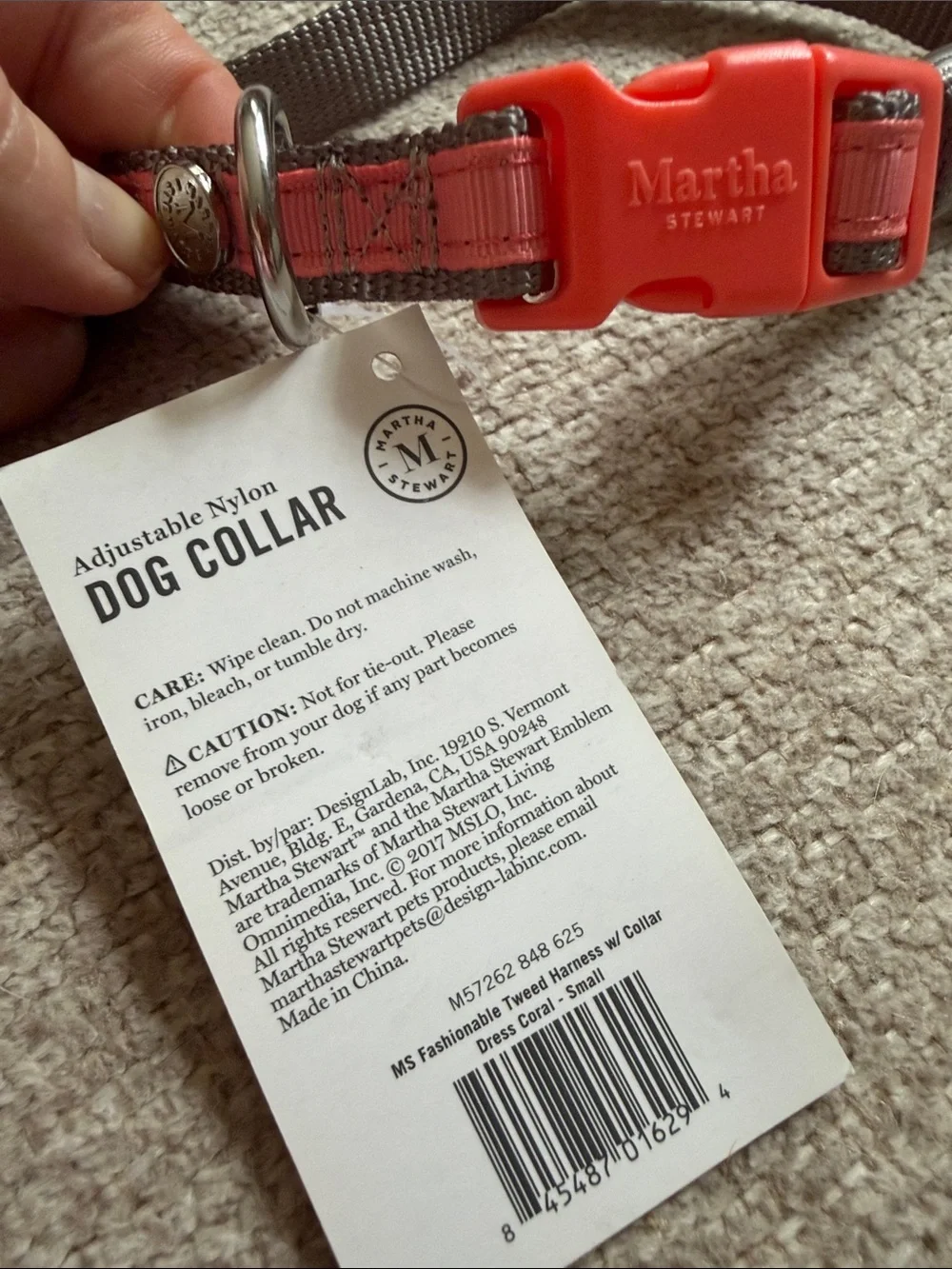 NWT Martha Stewart Grey Nylon Dog Collar with Coral Buckle